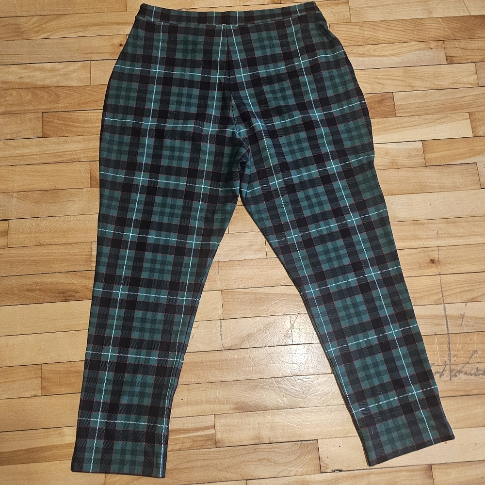 Blackmilk Green Tartan Cuffed Pants with red stripes